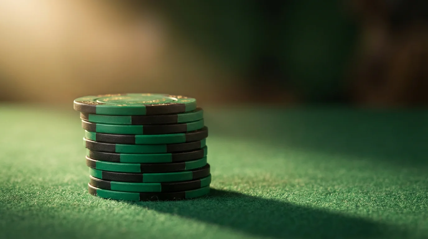 Close-up of a casino poker chip stack on green felt table with soft spotlight lighting