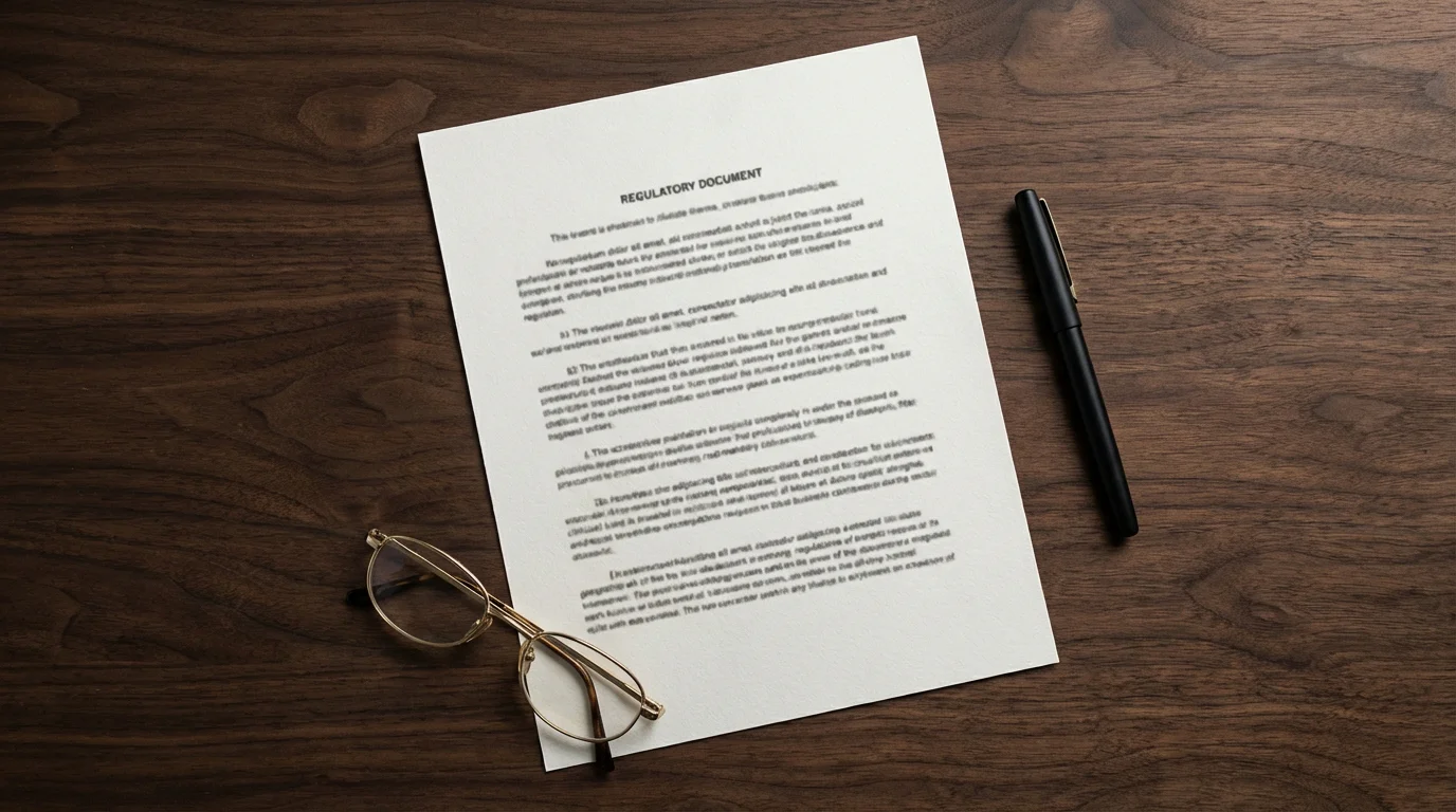 Overhead view of an official regulatory document on a dark wood desk beside a pen and reading glasses